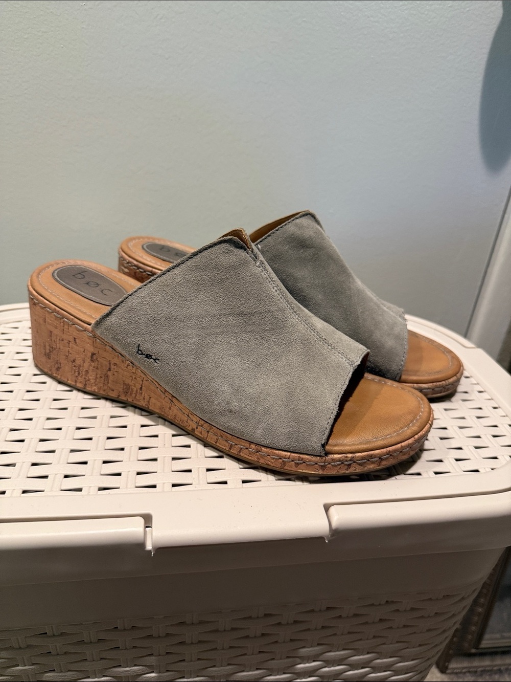 boc Gray Suede Cork Wedge Mule Slides